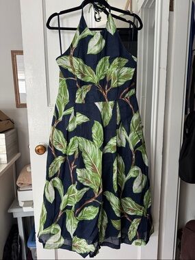 Ann Taylor Factory Navy Halter Midi Dress with Green Leaf Print